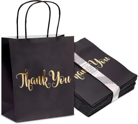 24 Pack Medium Black Thank You Party Favor Paper Goodie Gift Bags with Handles, Gold Foil