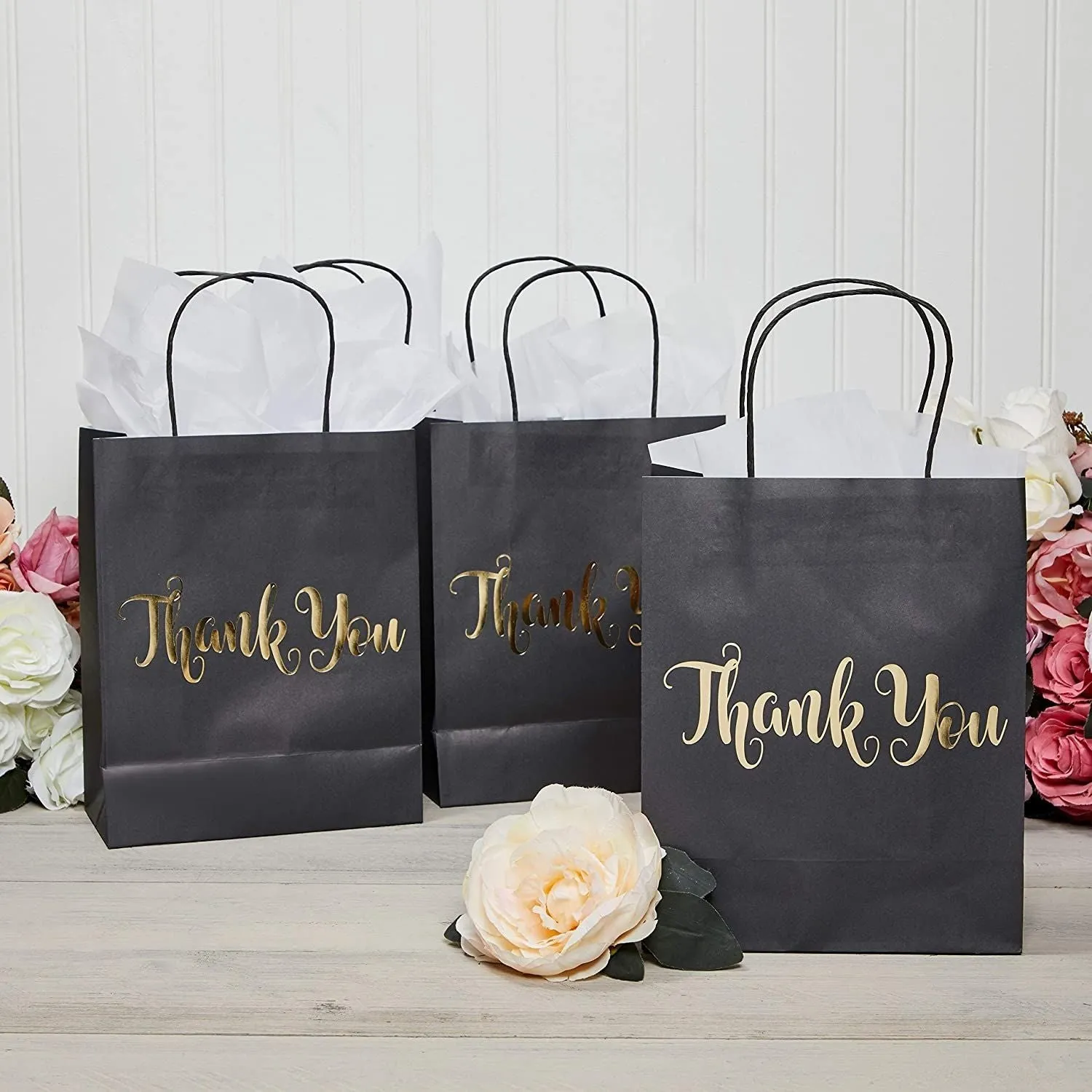 24 Pack Medium Black Thank You Party Favor Paper Goodie Gift Bags with Handles, Gold Foil