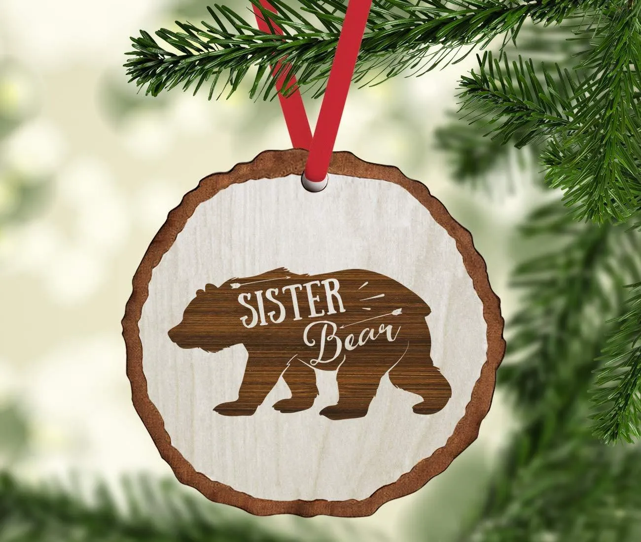 Andaz Press Real Wood Rustic Christmas Ornament, Engraved Wood Slab, Sister Bear