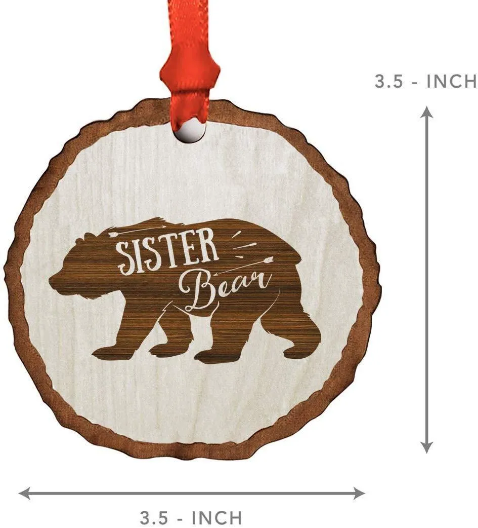 Andaz Press Real Wood Rustic Christmas Ornament, Engraved Wood Slab, Sister Bear