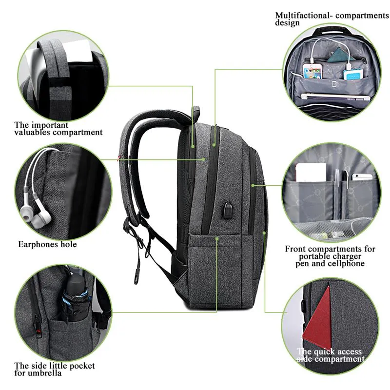 Anti-Theft With USB Charging Backpack For 15.6inch Laptop  - Black grey,Grey