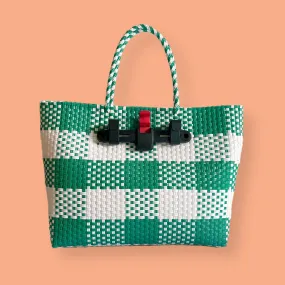 Bicycle Pannier recycled green & white plastic woven basket tote bag