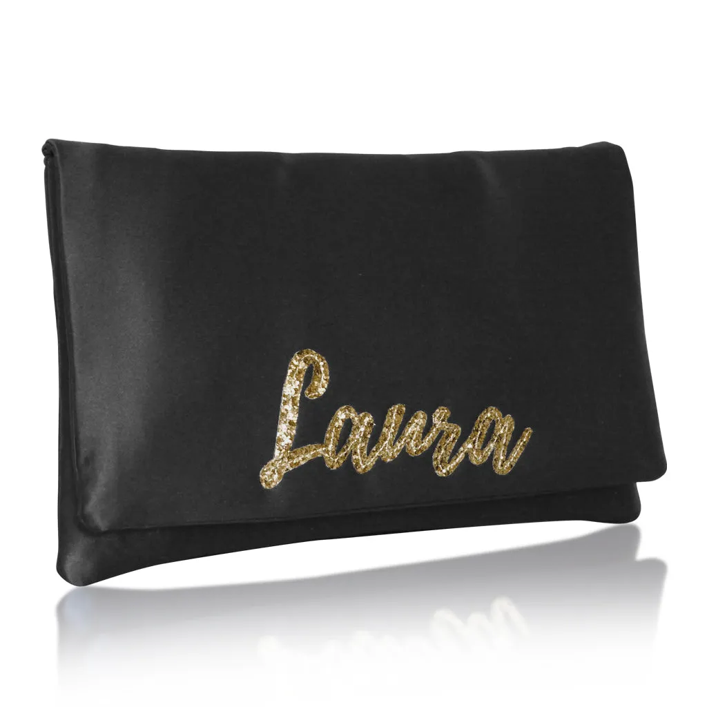 Black satin personalised name clutch