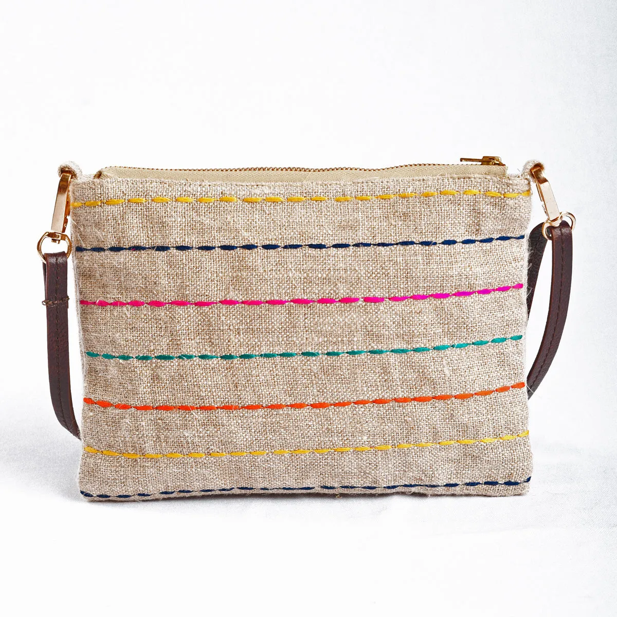 Boho Sling bag, Linen fabric with kilim embroidery