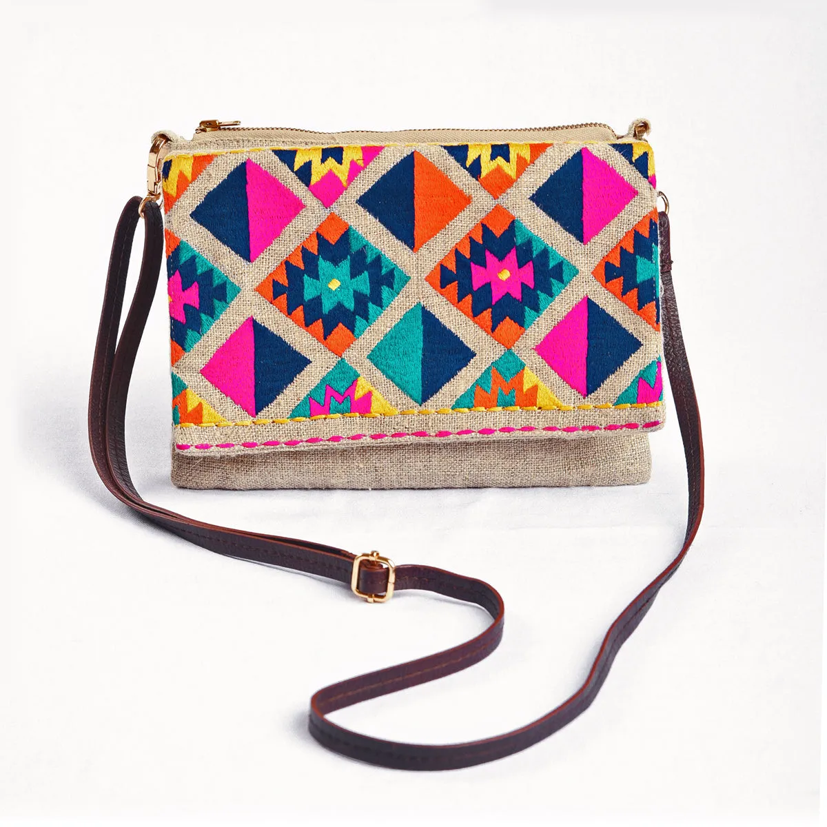 Boho Sling bag, Linen fabric with kilim embroidery