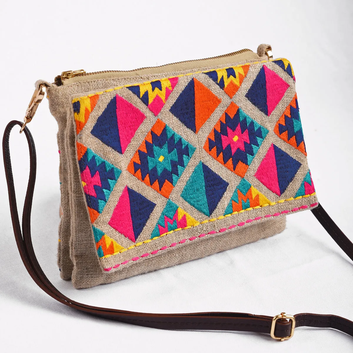 Boho Sling bag, Linen fabric with kilim embroidery