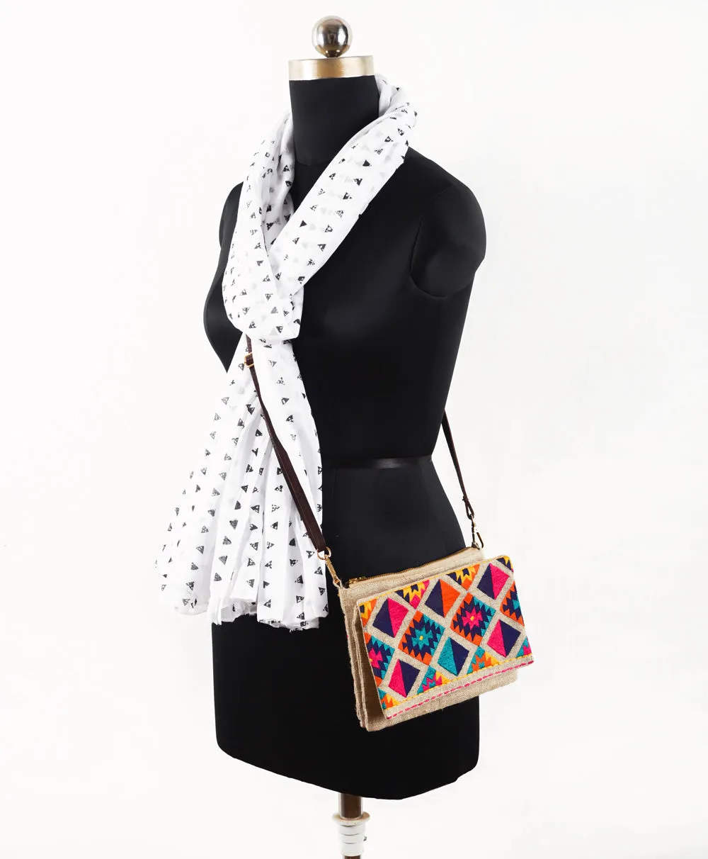 Boho Sling bag, Linen fabric with kilim embroidery