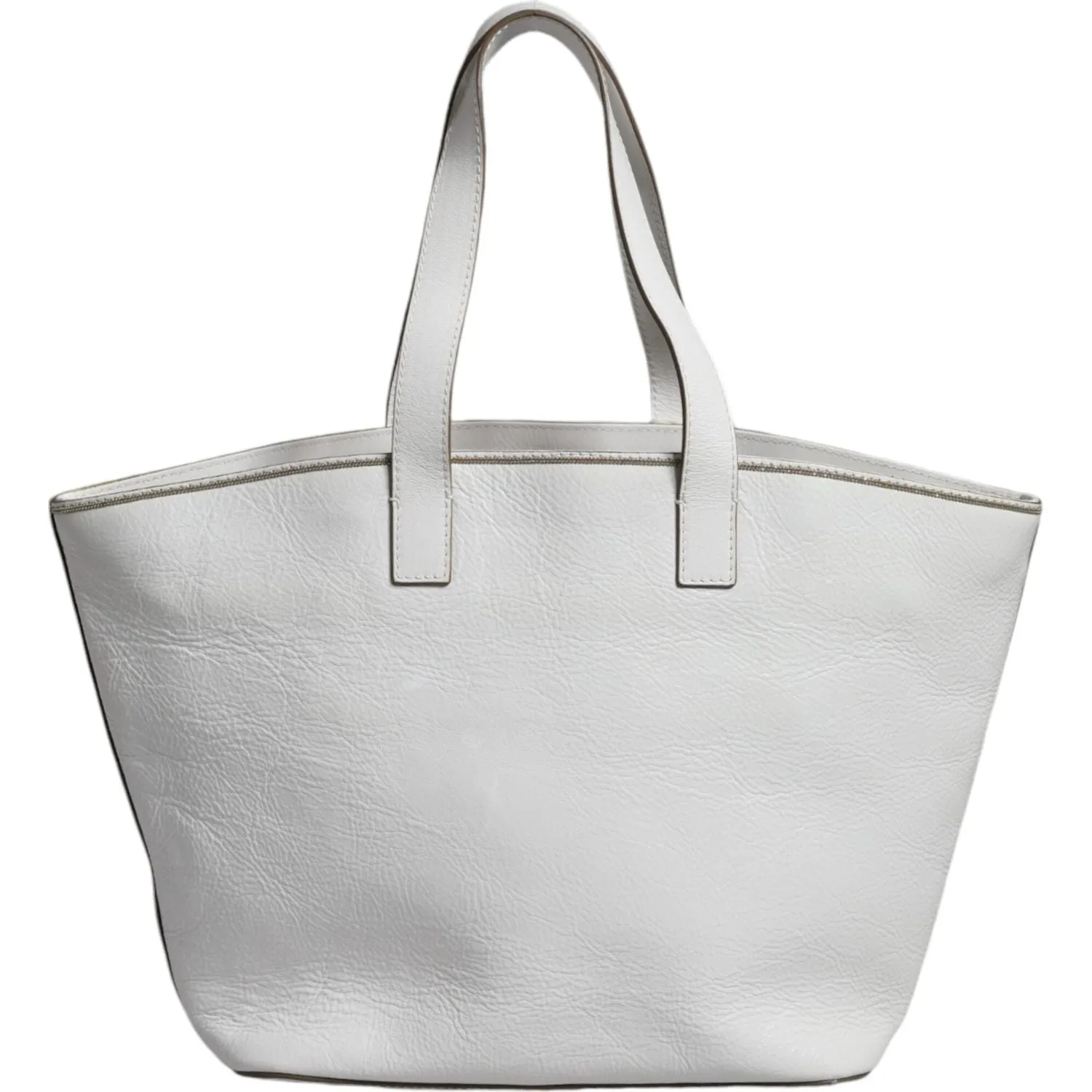 Brunello Cucinelli White Leather Logo Shoulder Strap Shopping Tote Bag