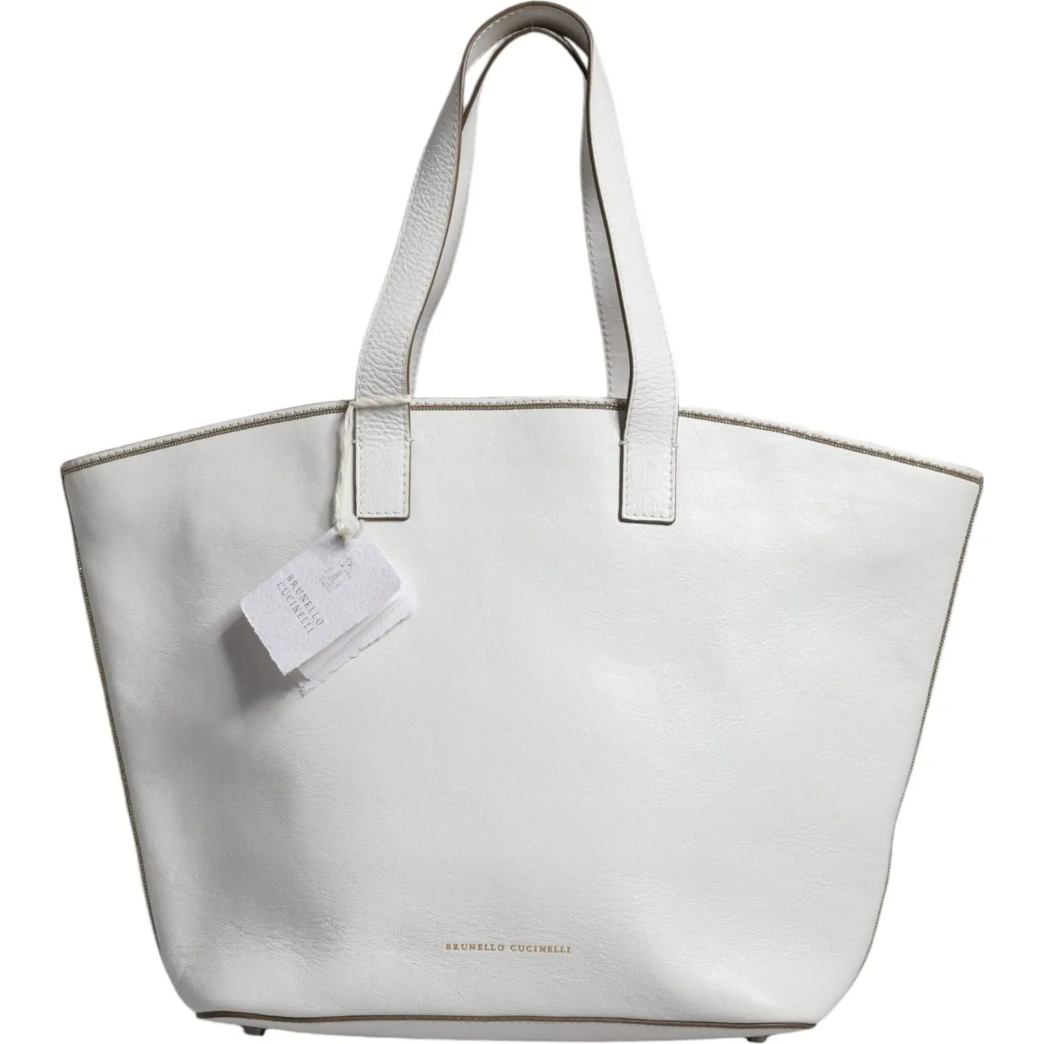 Brunello Cucinelli White Leather Logo Shoulder Strap Shopping Tote Bag