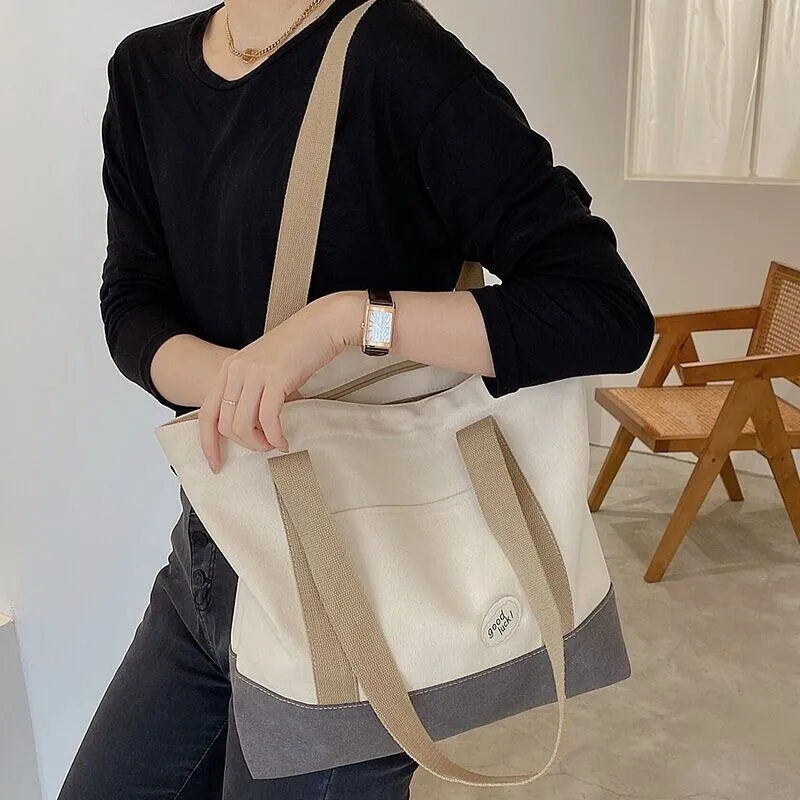 Canvas Tote Bag Women Fashion Trend Roomy Zipper Shopping Carry Beach Bag Female Casual Handbag Daily Eco Shopping Bag