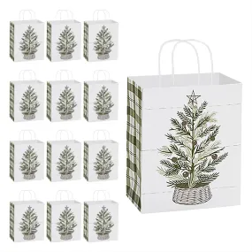 Christmas & Winter Farmhouse Plaid & Pine Paper Gift Bags and Party Favor Bags, Medium Size - 8 Inches x 4.75 Inches x 10.25 Inches (12 Pack)