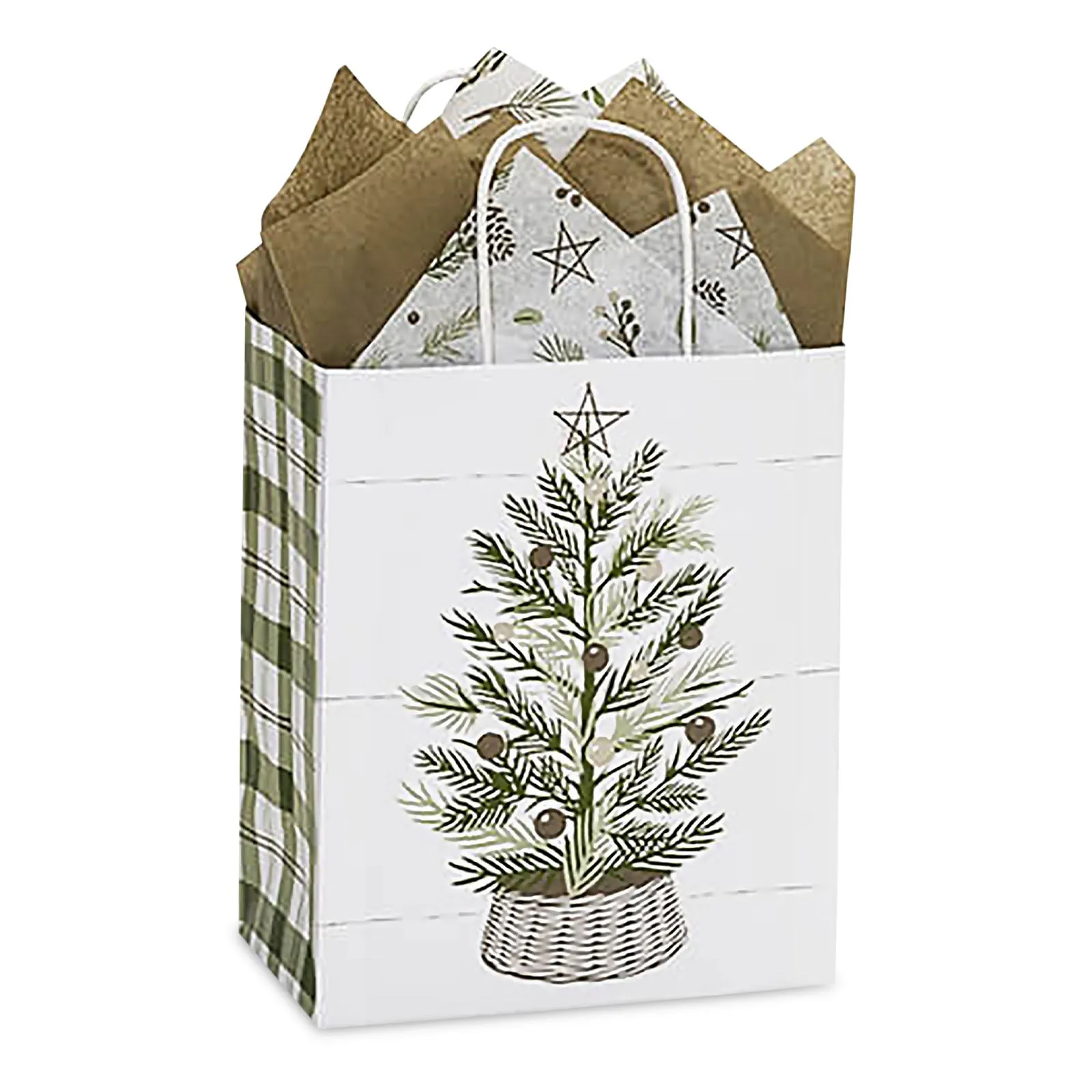 Christmas & Winter Farmhouse Plaid & Pine Paper Gift Bags and Party Favor Bags, Medium Size - 8 Inches x 4.75 Inches x 10.25 Inches (12 Pack)