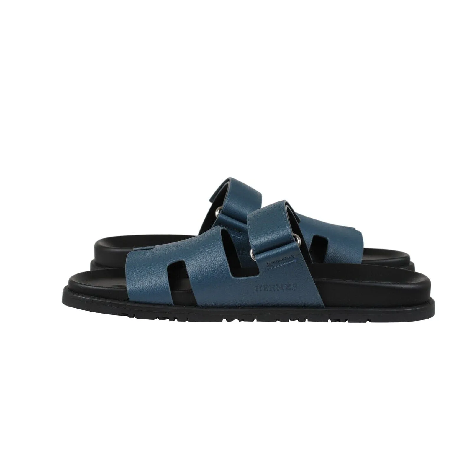 Chypre Sandals US 12 EU 45 Blue Leather Strap H Slides Black Sole