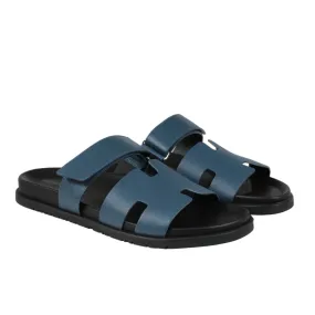 Chypre Sandals US 12 EU 45 Blue Leather Strap H Slides Black Sole