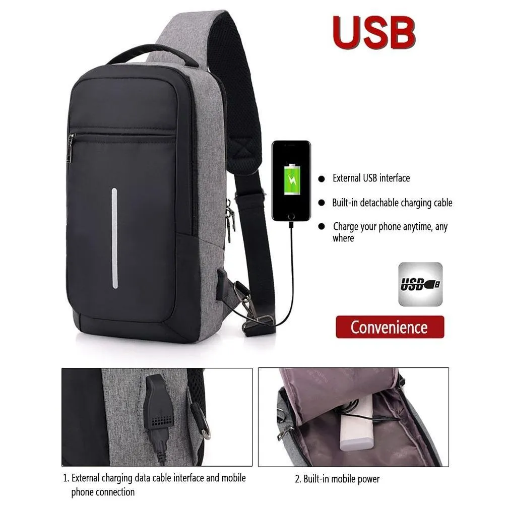 Crossbody Anti-theft USB Charging Shoulder Chest Bag Waterproof great for iPad or Android Tablet Men's Shoulder Bag Men's Backpack