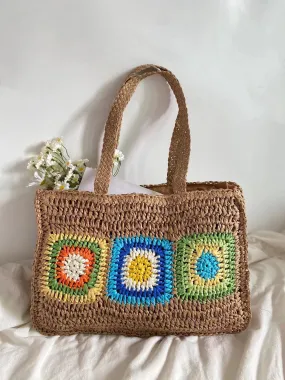 Elena Handbags Granny Patch Large Straw Summer Tote