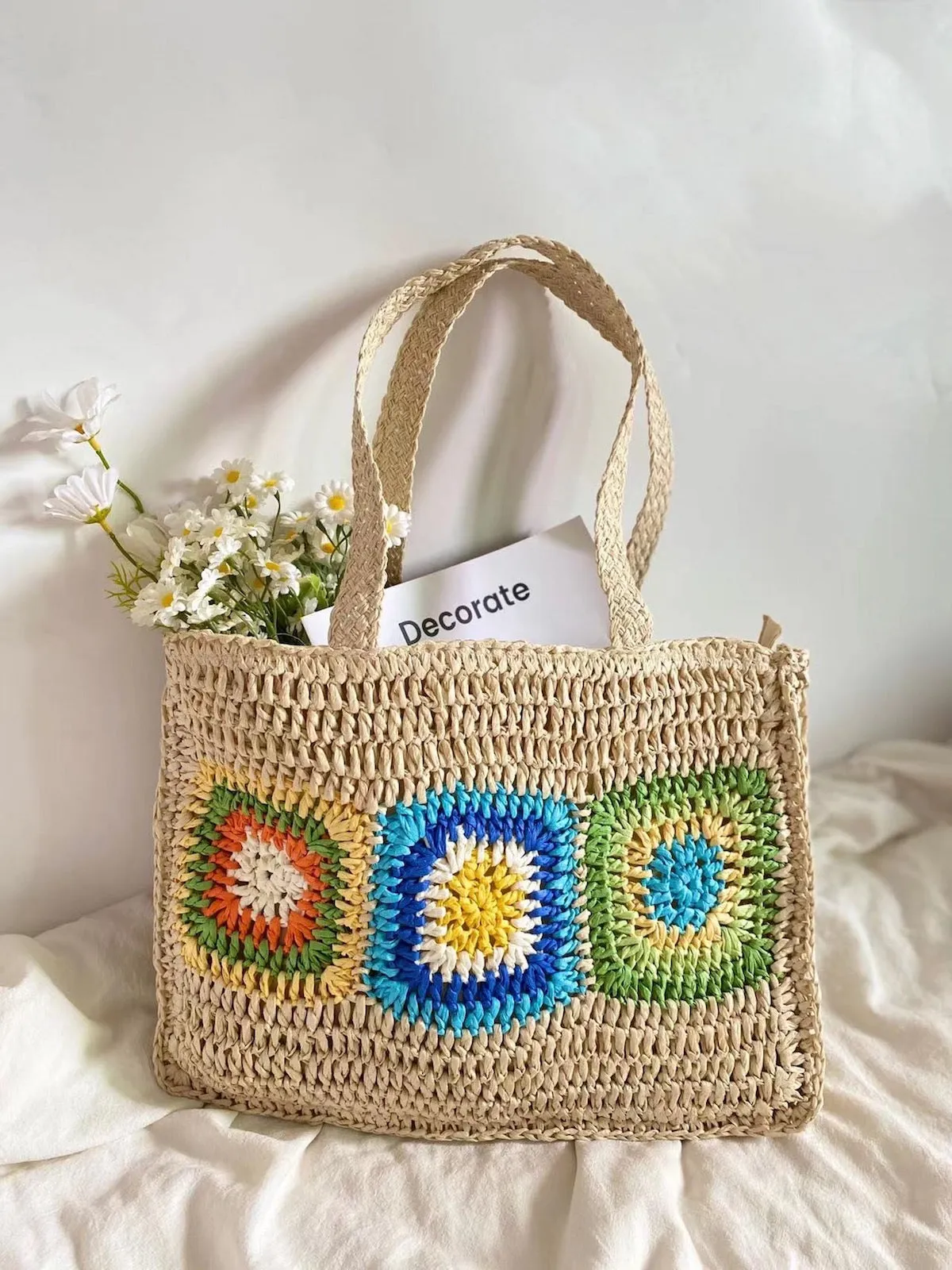 Elena Handbags Granny Patch Large Straw Summer Tote