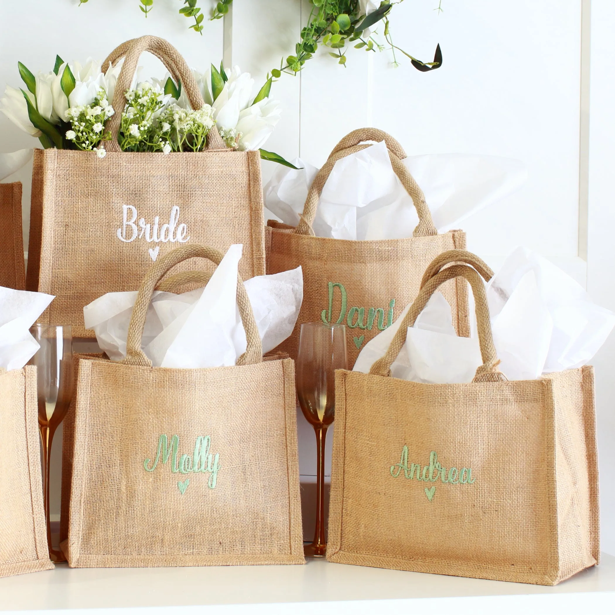 Embroidered Gift Bags - Natural w/heart