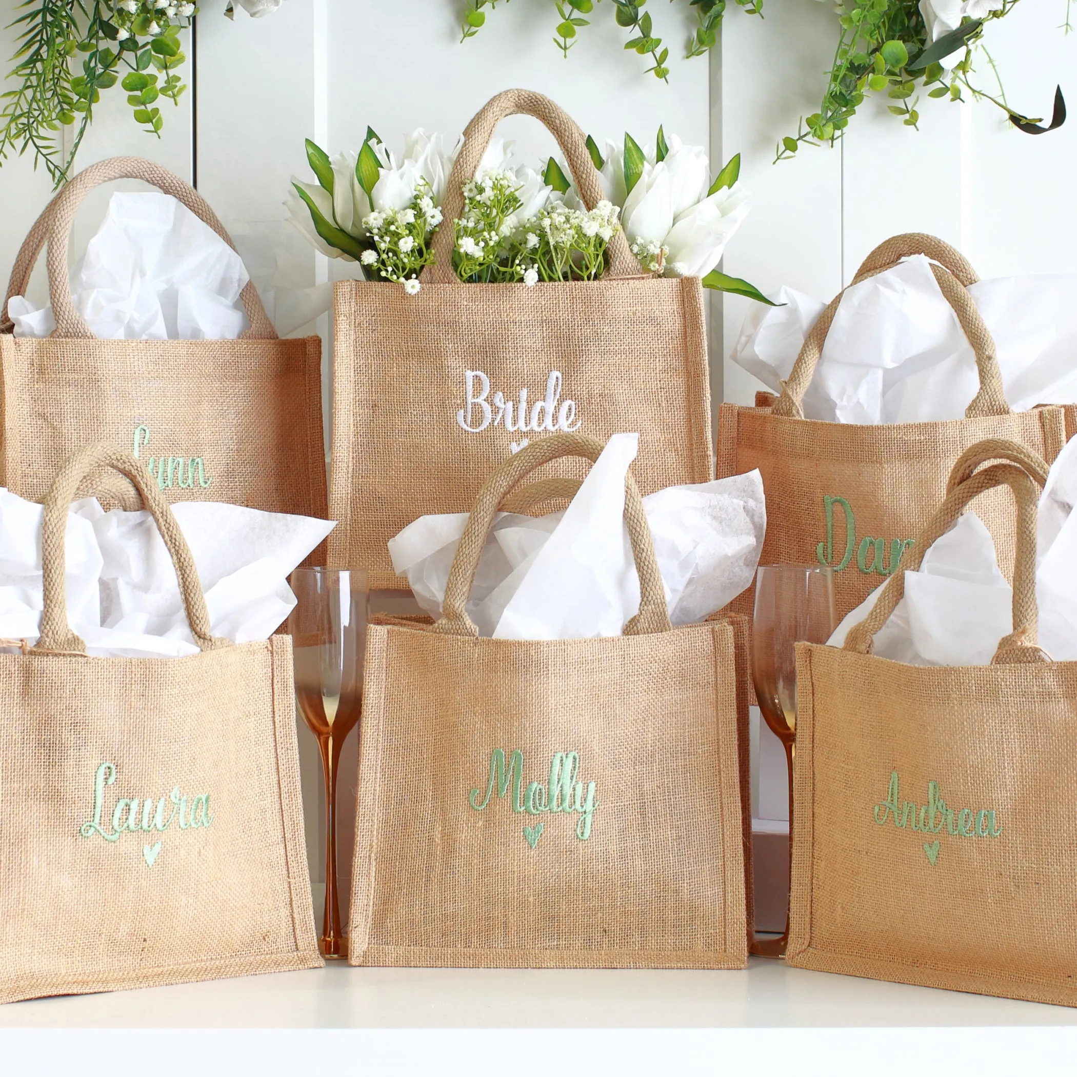 Embroidered Gift Bags - Natural w/heart