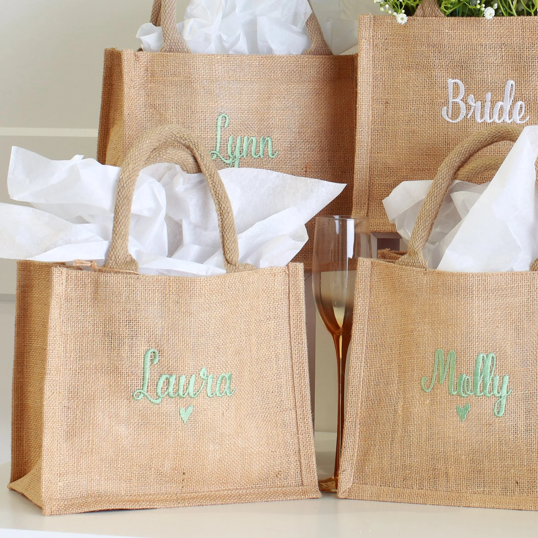 Embroidered Gift Bags - Natural w/heart