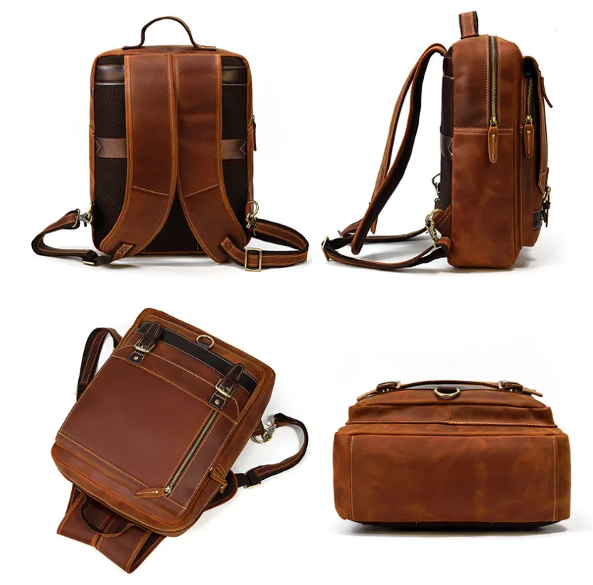 Full Grain Leather Backpack Retro School Backpack Casual Travel Backpack for Men