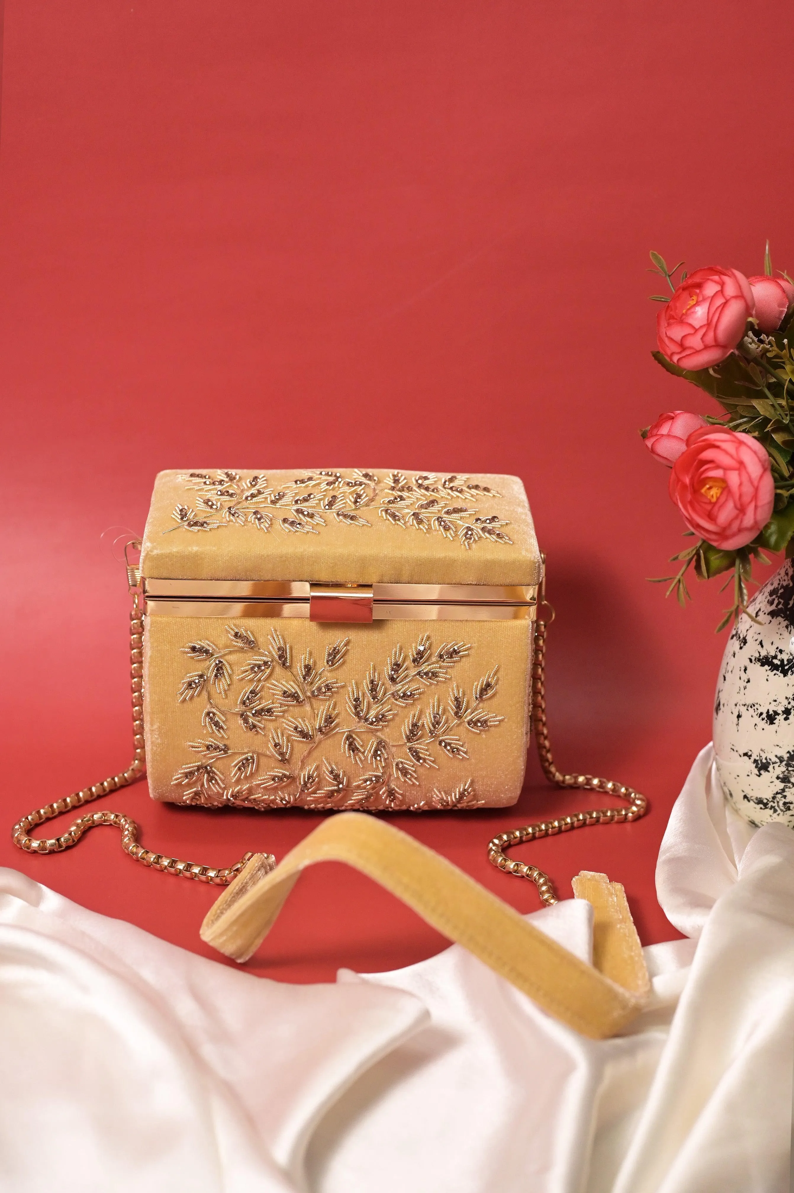 Golden Color Velvet Box Clutch Bag with Hand Zardosi Work