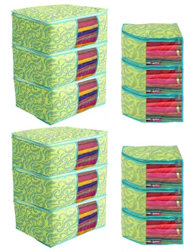 Heart Home Leaf Design Non-woven 6 Saree & 6 Blouse Cover/Organizer Set With Transparent Window- Pack of 12 (Green) -44HH0574