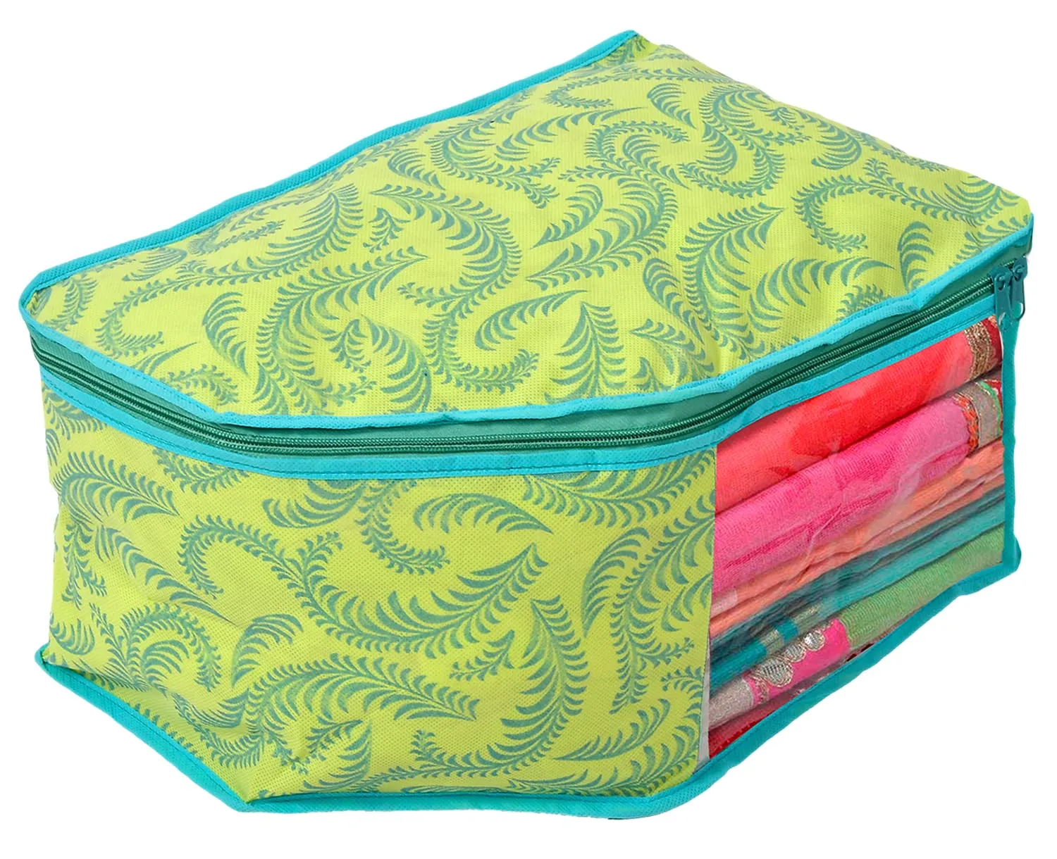 Heart Home Leaf Design Non-woven 6 Saree & 6 Blouse Cover/Organizer Set With Transparent Window- Pack of 12 (Green) -44HH0574