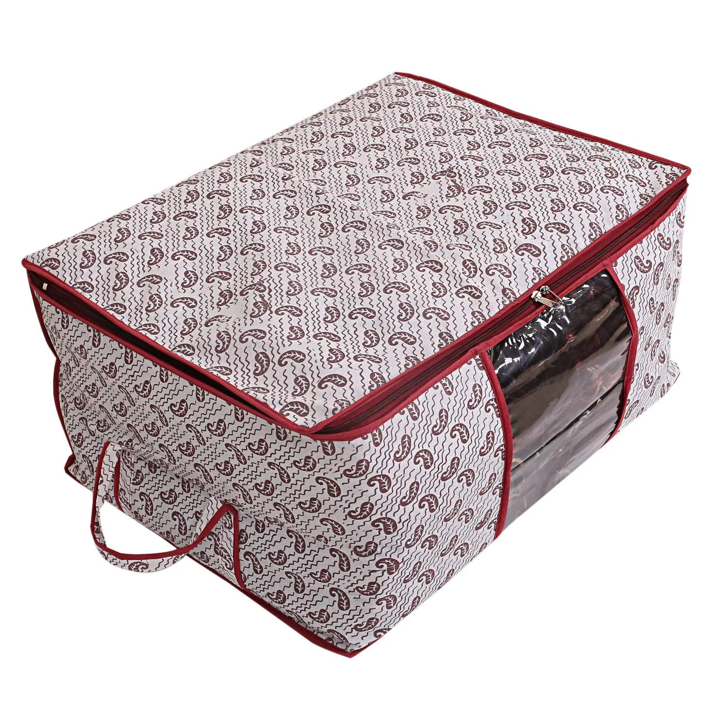 Heart Home Paisley Design Non-woven Foldable Underbed/Storage Bag/Wardrobe Organizer With Transparent Window- Pack of 12 (White)-44HH0475