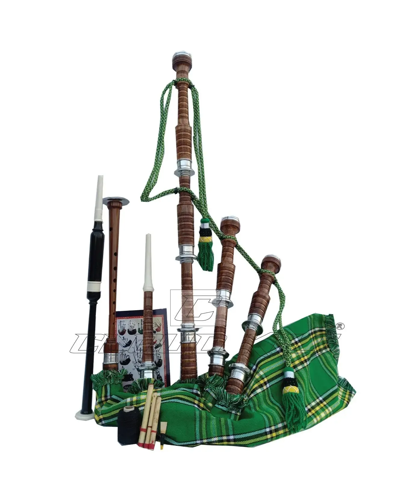 Irish Green Tartan Bagpipe Set Brown & Silver Finish With Hard Case