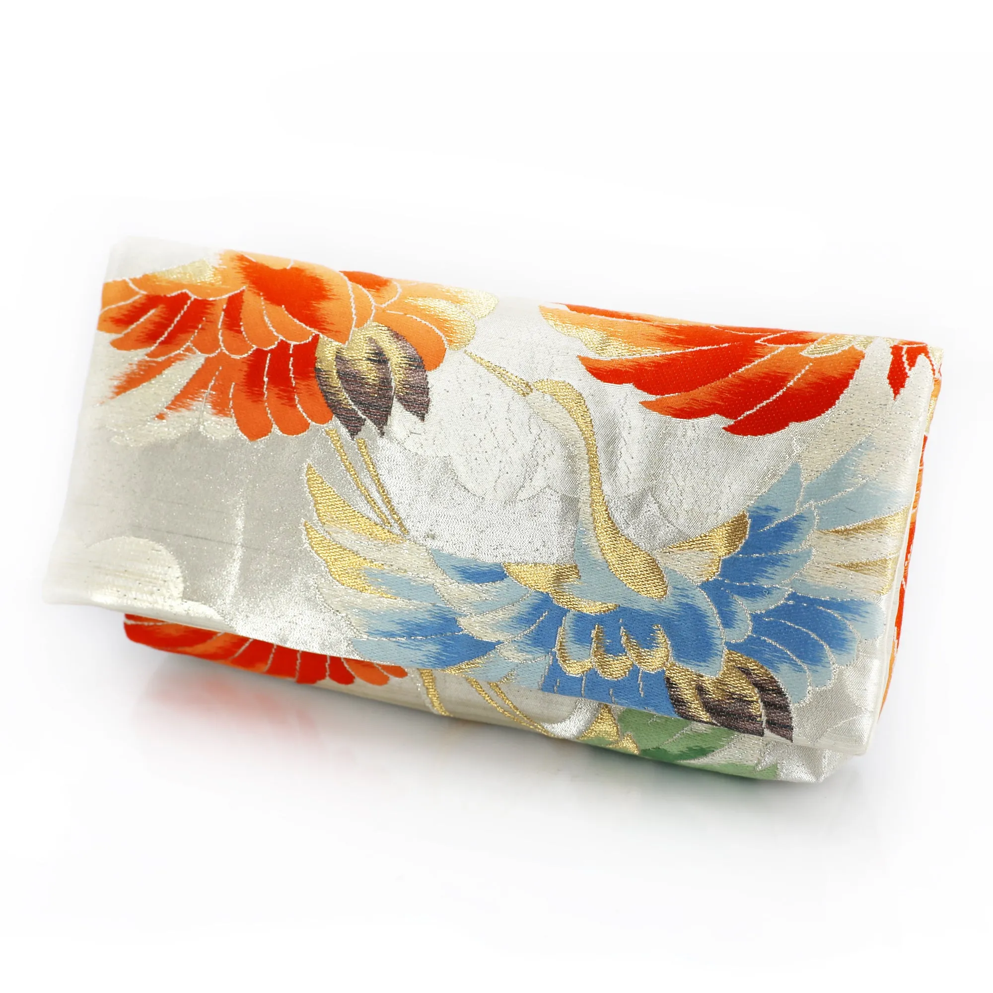 Kimono Envelope Clutch Bag with Cranes on Silver | Upcycled Kimono Obi Silk