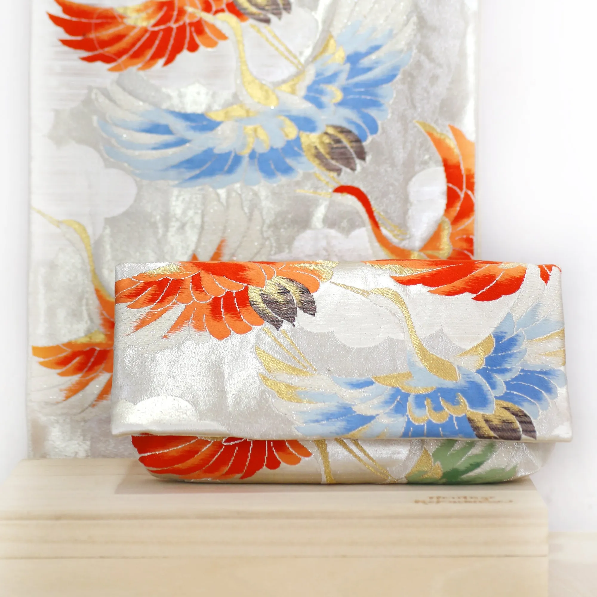 Kimono Envelope Clutch Bag with Cranes on Silver | Upcycled Kimono Obi Silk