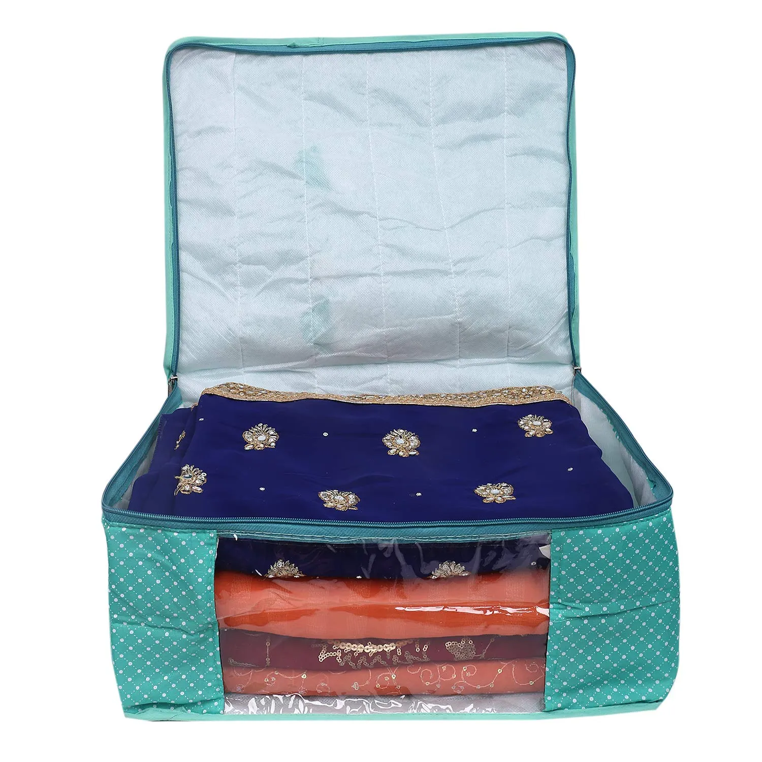 Kuber Industries Cotton Quilted Clothes Organizer For Wardrobe (Pack of 3) - Storage Organizer For Saree | Shirts | Salwar Suit | Lehenga - Dress Organizer For Wardrobe - Saree Covers With Zip (Green)