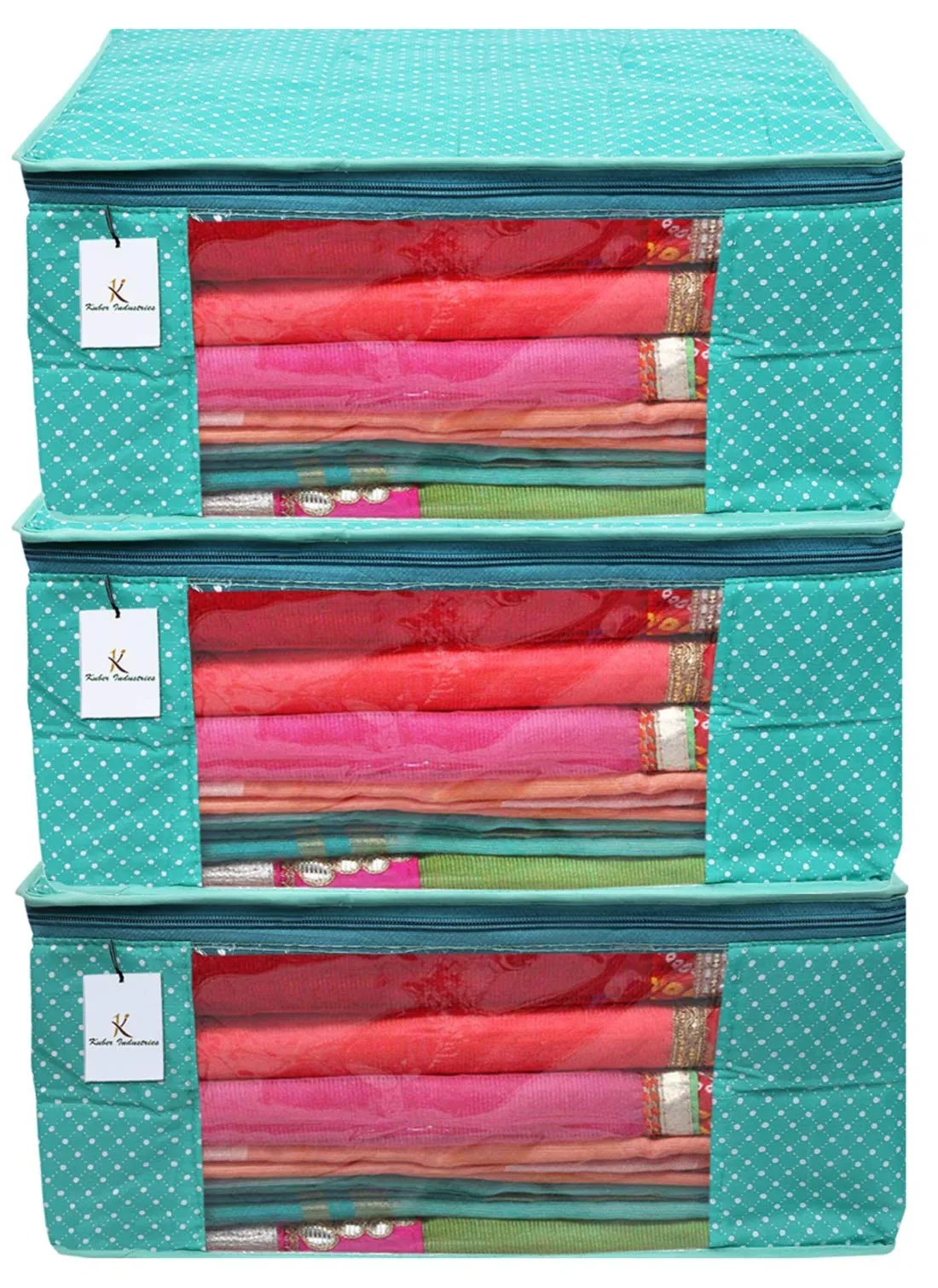 Kuber Industries Cotton Quilted Clothes Organizer For Wardrobe (Pack of 3) - Storage Organizer For Saree | Shirts | Salwar Suit | Lehenga - Dress Organizer For Wardrobe - Saree Covers With Zip (Green)