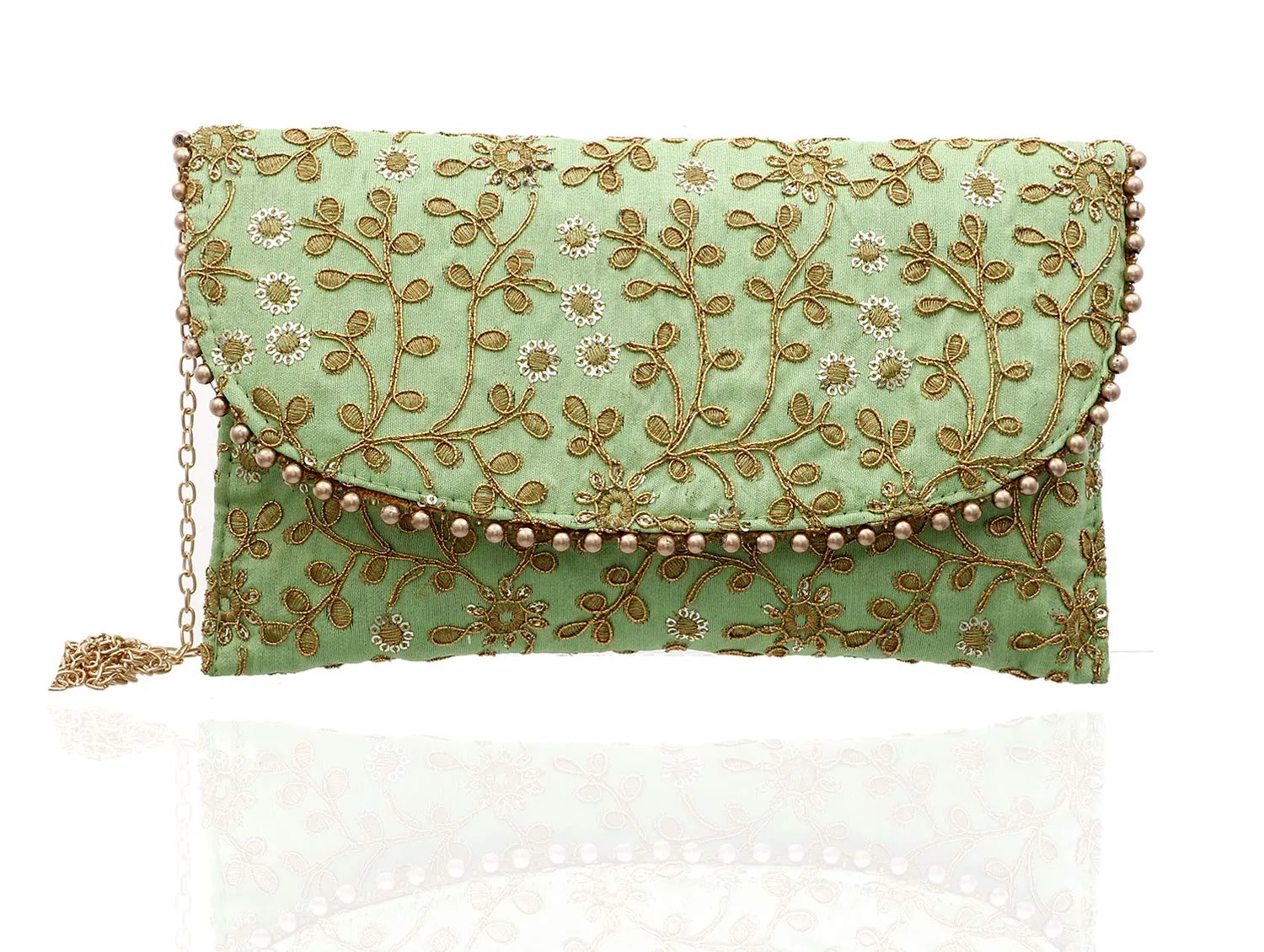 Kuber Industries Handcrafted 2 Pieces Embroidered Clutch Bag Purse Handbag for Bridal, Casual, Party, Wedding (Green & Cream) - CTKTC034526