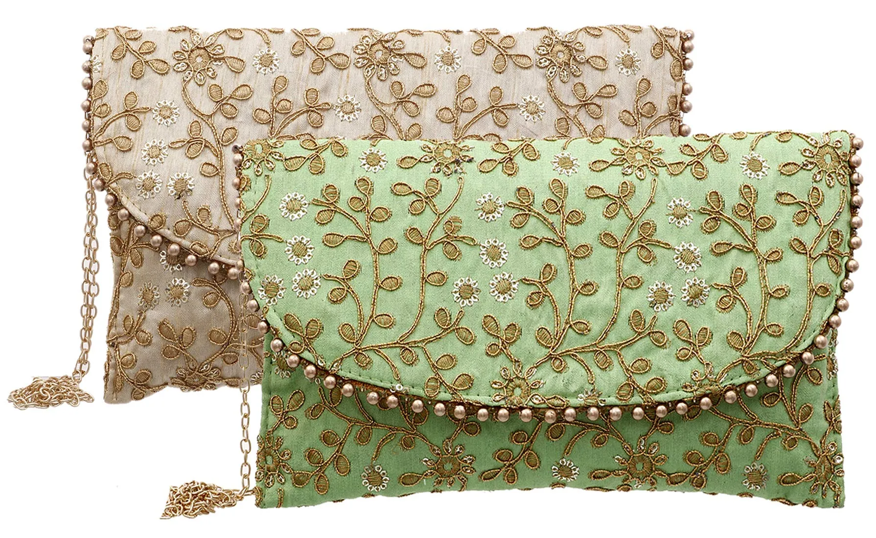 Kuber Industries Handcrafted 2 Pieces Embroidered Clutch Bag Purse Handbag for Bridal, Casual, Party, Wedding (Green & Cream) - CTKTC034526