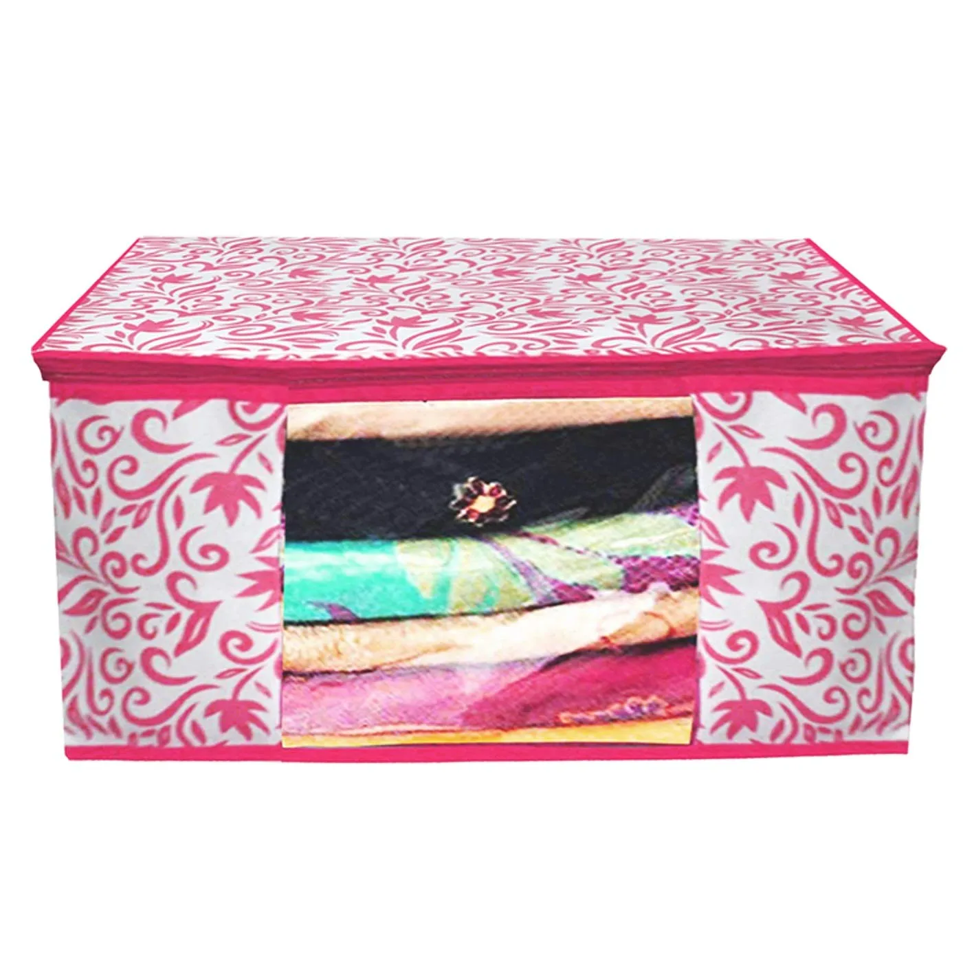 Kuber Industries Leaf Design Non Woven 3 Pieces Saree Cover and 3 Pieces Underbed Storage Bag, Cloth Organizer for Storage, Blanket Cover Combo Set (Pink) -CTKTC38659