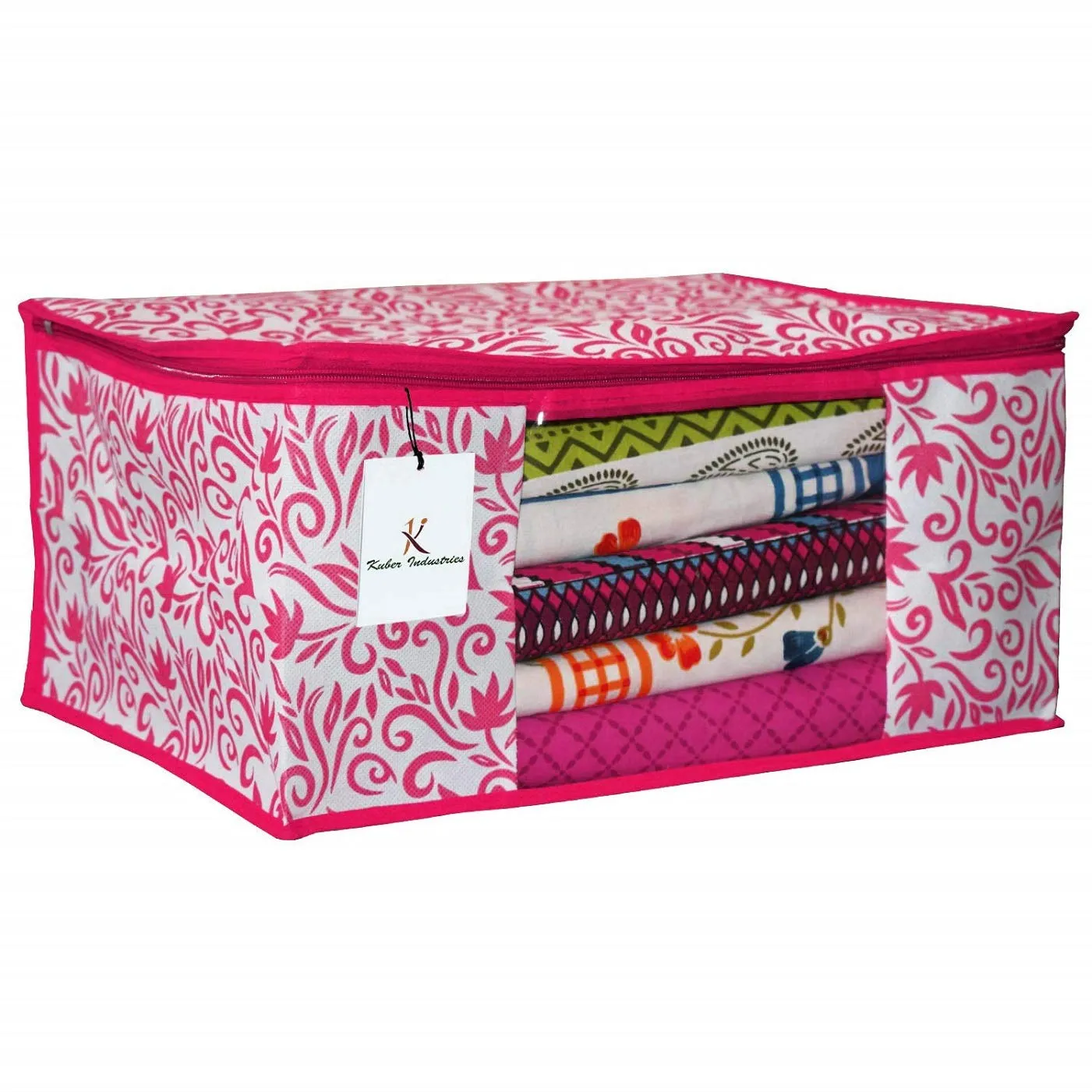 Kuber Industries Leaf Design Non Woven 3 Pieces Saree Cover and 3 Pieces Underbed Storage Bag, Cloth Organizer for Storage, Blanket Cover Combo Set (Pink) -CTKTC38659