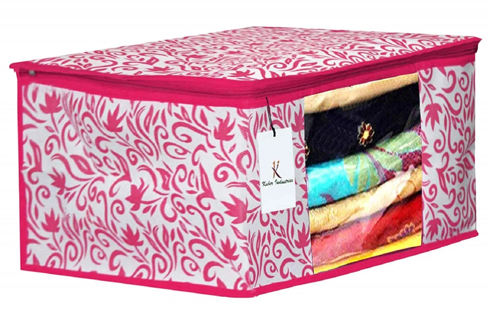 Kuber Industries Leaf Design Non Woven 3 Pieces Saree Cover and 3 Pieces Underbed Storage Bag, Cloth Organizer for Storage, Blanket Cover Combo Set (Pink) -CTKTC38659