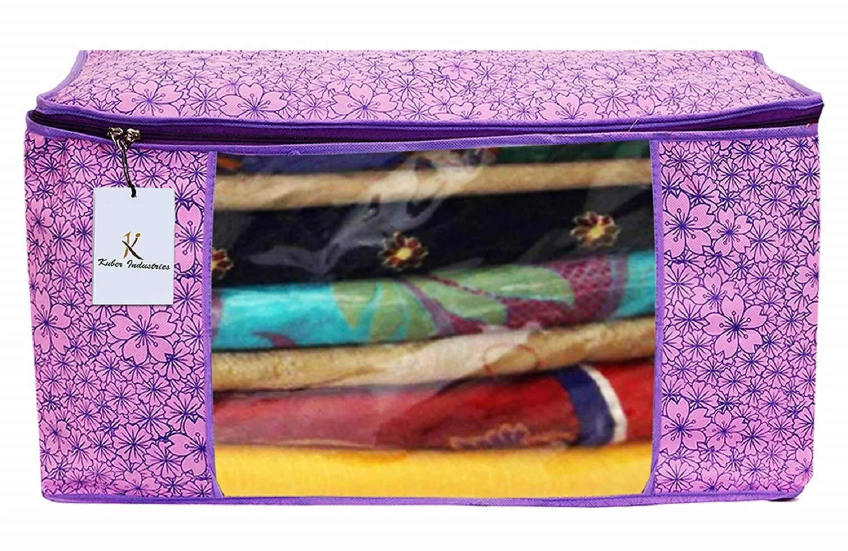 Kuber Industries Metallic Printed Non Woven 2 Pieces Saree Cover and 2 Pieces Underbed Storage Bag, Cloth Organizer for Storage, Blanket Cover Combo Set (Pink & Purple) -CTKTC038571