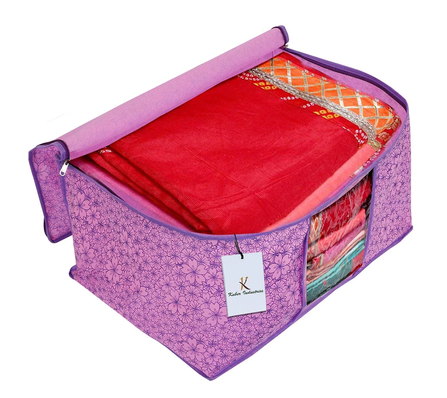 Kuber Industries Metallic Printed Non Woven 2 Pieces Saree Cover and 2 Pieces Underbed Storage Bag, Cloth Organizer for Storage, Blanket Cover Combo Set (Pink & Purple) -CTKTC038571