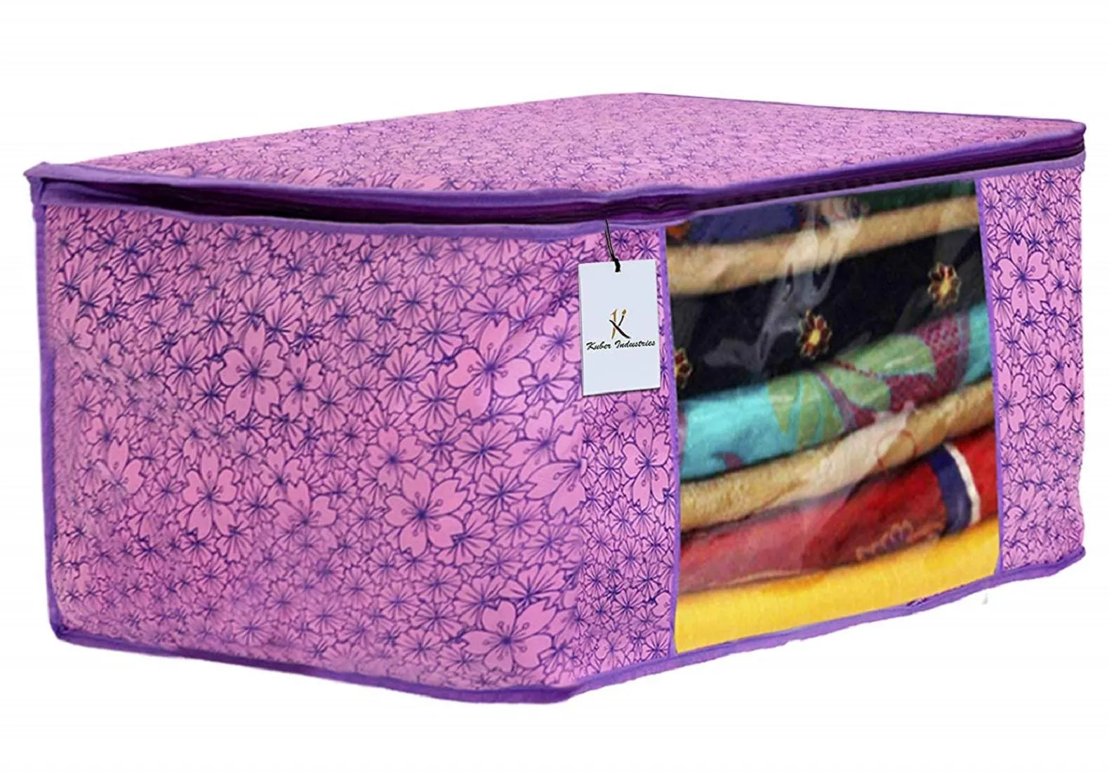 Kuber Industries Metallic Printed Non Woven 2 Pieces Saree Cover and 2 Pieces Underbed Storage Bag, Cloth Organizer for Storage, Blanket Cover Combo Set (Pink & Purple) -CTKTC038571