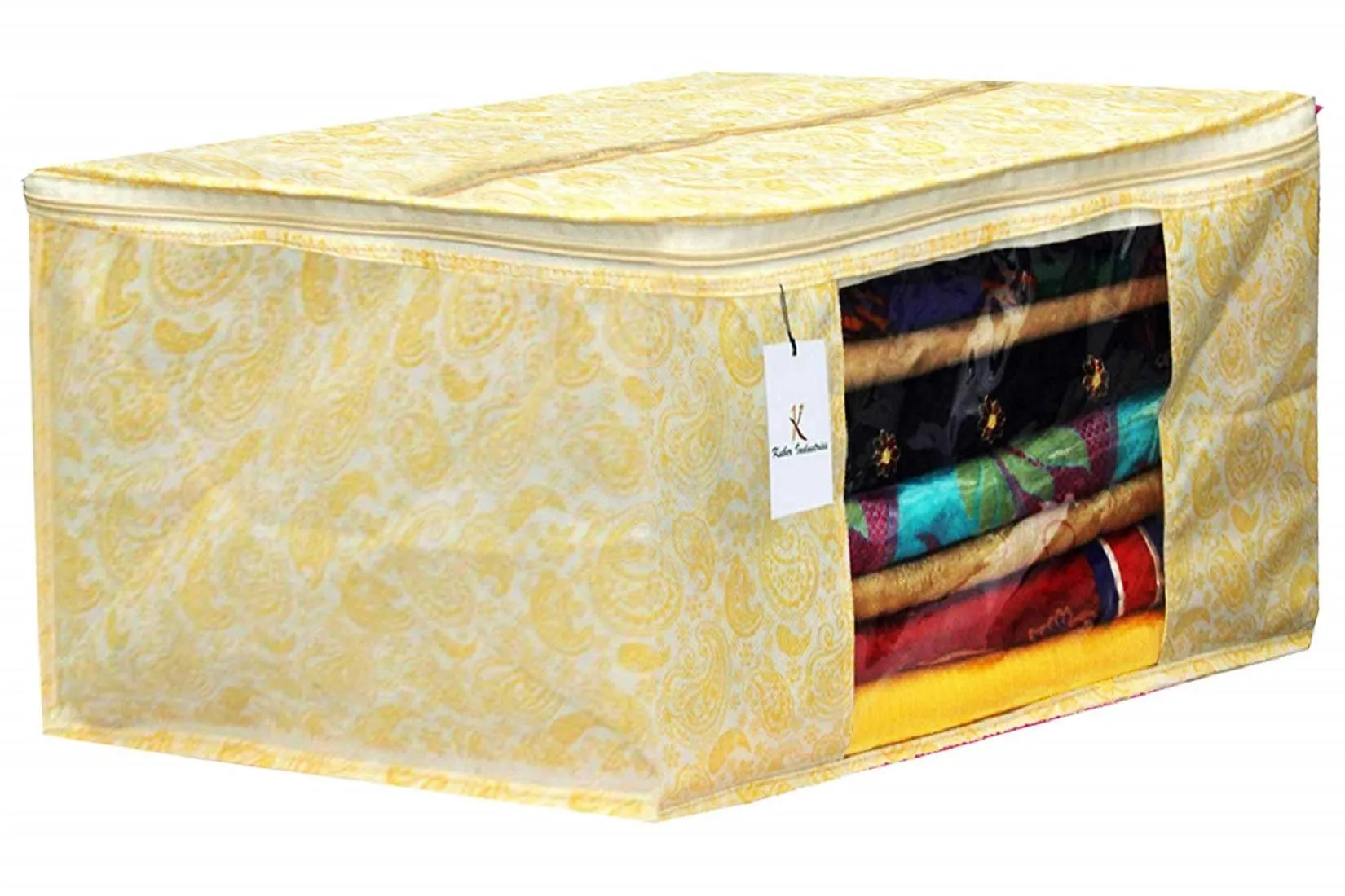 Kuber Industries Metallic Printed Non Woven 6 Pieces Saree Cover and 6 Pieces Underbed Storage Bag, Cloth Organizer for Storage, Blanket Cover Combo Set (Gold) -CTKTC38594