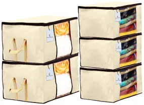 Kuber Industries Non Woven 3 Pieces Saree Cover and 2 Pieces Underbed Storage Bag, Cloth Organizer for Storage, Blanket Cover Combo Set (Ivory) -CTKTC38514