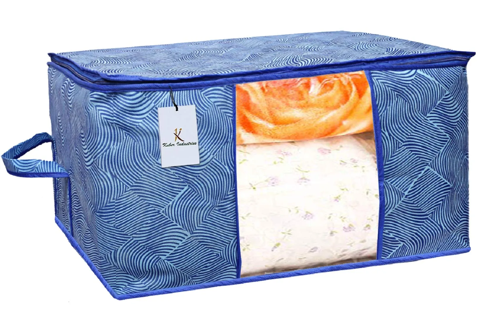 Kuber Industries Non-Woven Leheriya Design Underbed Storage Bag|Storage Organiser|Blanket Cover Set of 5 (Royal Blue)