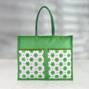 Kuber Industries Shopping Bag | Jute Carry Bag | Zipper Grocery Bag with Handle | Reusable Shopping Bag | Front Double Pocket Vegetable Bag | Flower-Grocery Bag | Large | Green