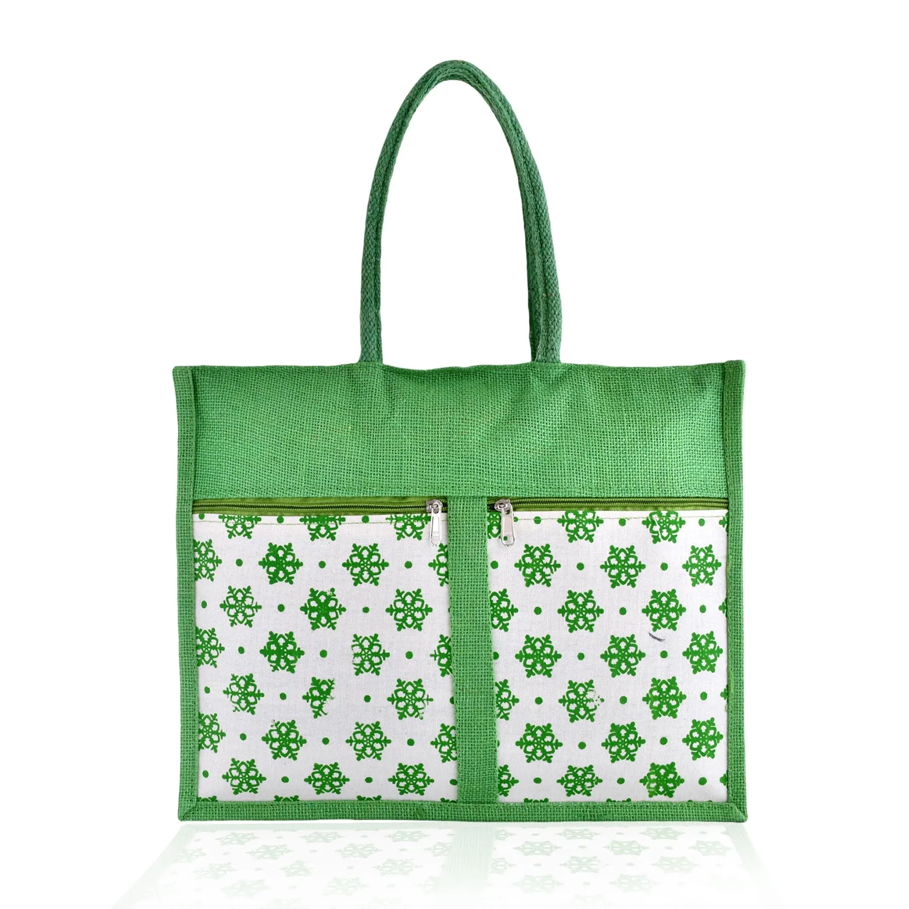 Kuber Industries Shopping Bag | Jute Carry Bag | Zipper Grocery Bag with Handle | Reusable Shopping Bag | Front Double Pocket Vegetable Bag | Flower-Grocery Bag | Large | Green