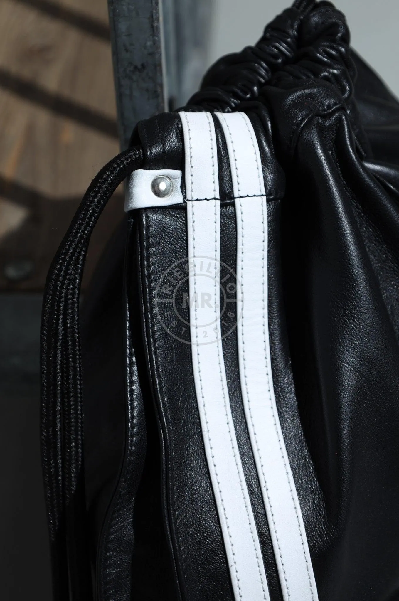 Leather Backpack Black - White Stripes