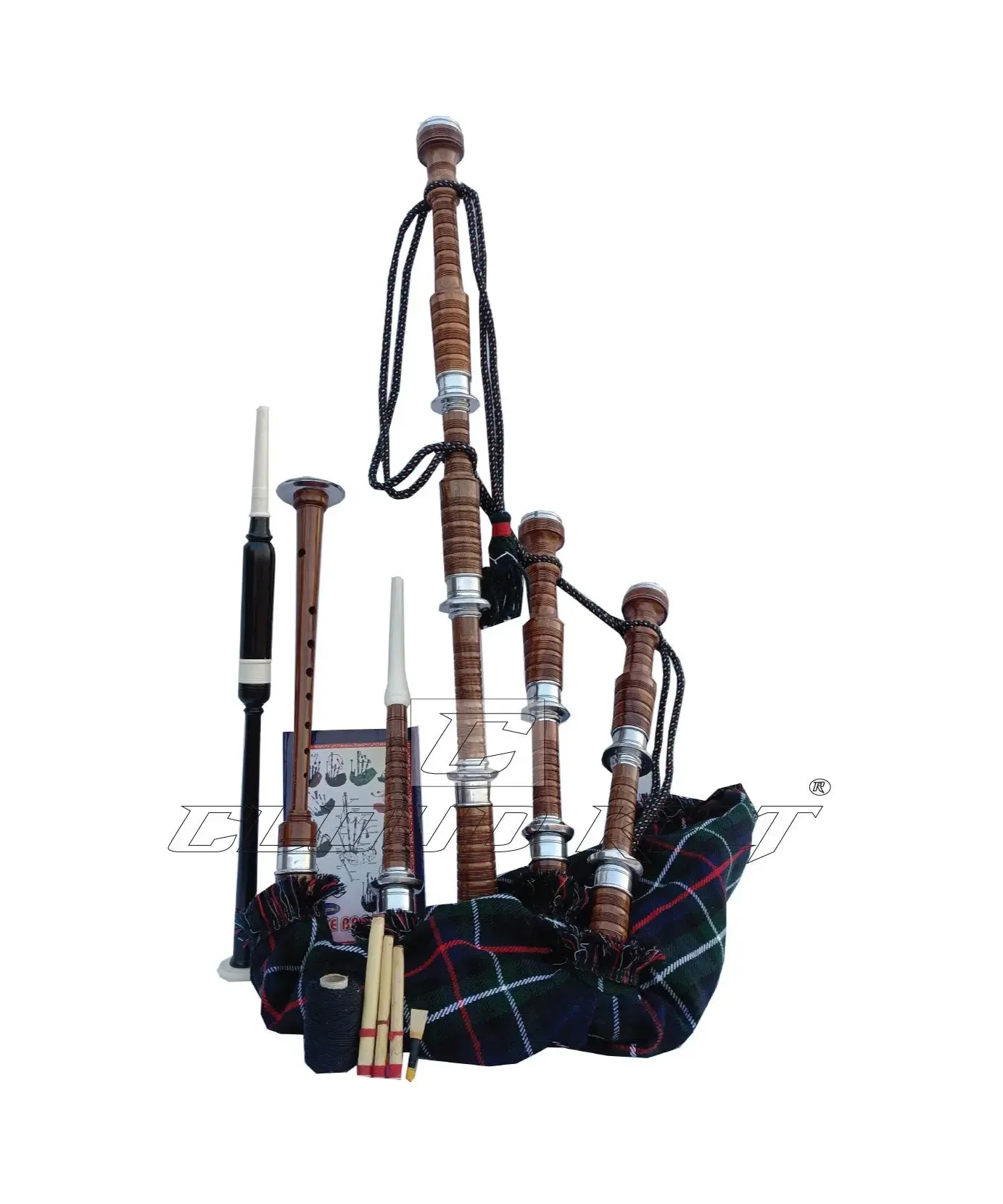 Mackenzie Tartan Bagpipe Set Brown & Silver Finish With Hard Case