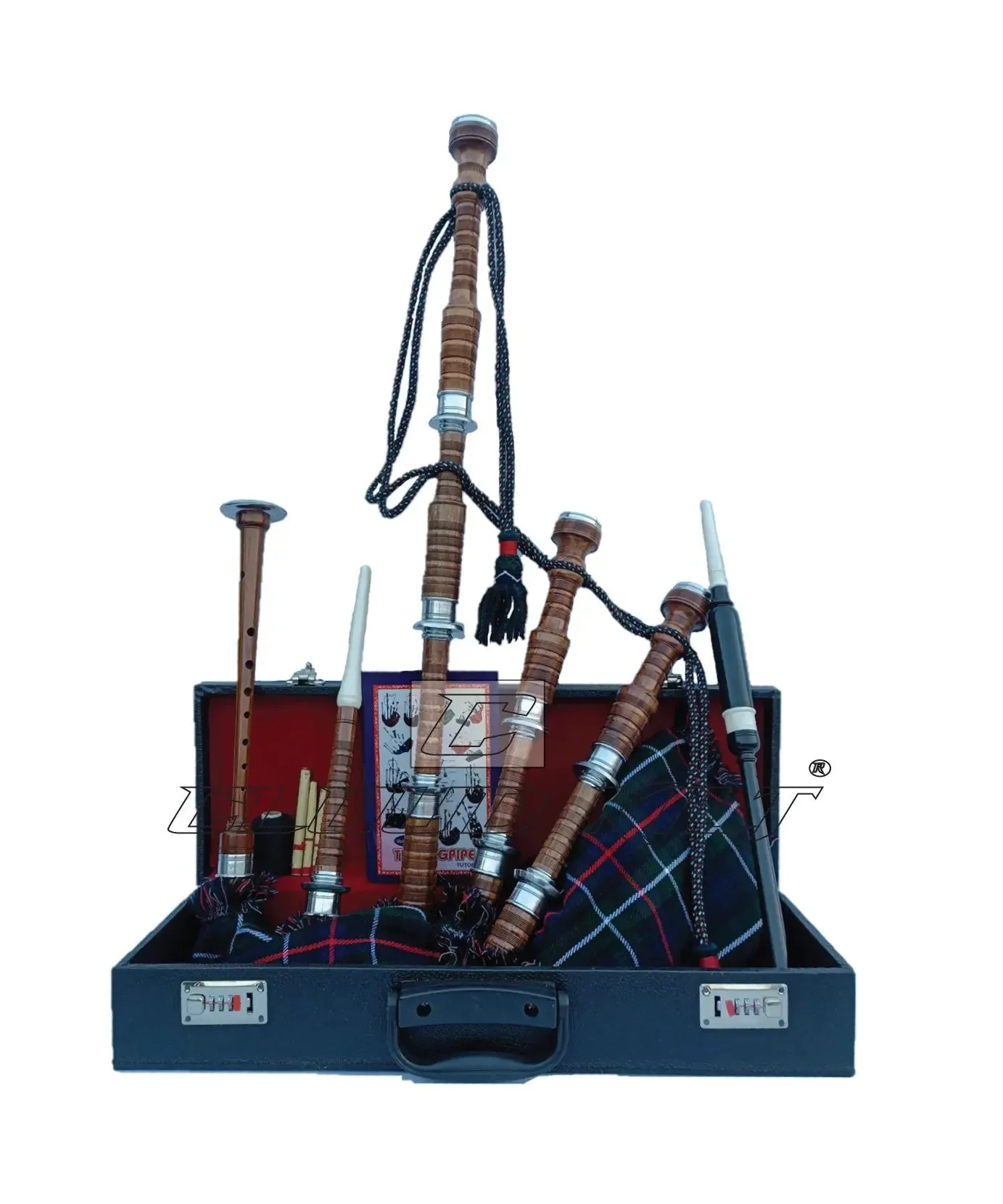 Mackenzie Tartan Bagpipe Set Brown & Silver Finish With Hard Case